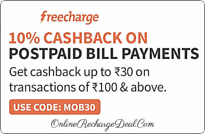 Mobile Postpaid Bill Payment Offer by Freecharge - Get 10% cashback (upto Rs. 30) on any mobile postpaid bill payment using Freecharge app or website